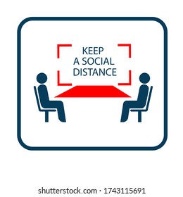 Keep a safe distance in the train car. People sit at a common table at a safe distance. Prevention of coronavirus infection. Sticker. Icon. Vector flat illustration