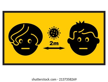 Keep safe distance, two person on orange background, black vector sign