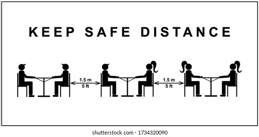 Keep safe distance vector icon. Simple black silhouettes of people at tables with an arrow between. Epidemic protection.