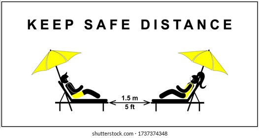 Keep safe distance vector icon. Simple black silhouette of people lying on sunbeds under beach umbrellas with an arrow between. Epidemic protection.