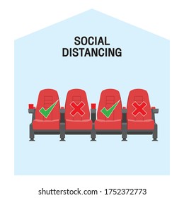 Keep a safe distance when sitting in a movie theater. Simple vector icon over white background. Illustration