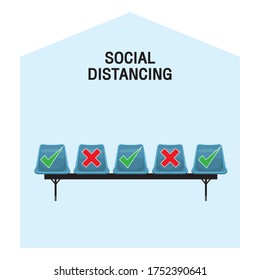 Keep a safe distance when sitting in a chair in public. Simple vector icons above white background. Vector illustration.