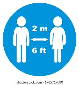 Keep safe distance, white silhouette of person at blue circle frame, vector sign