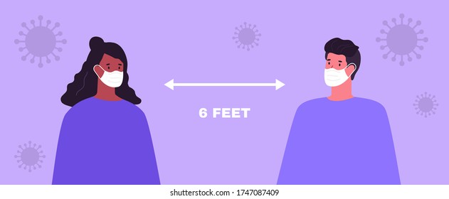 Keep safe social dictance. Coronavirus quarantine. People wearing medical masks. Vector