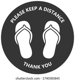 Keep safe social distance floor sticker with foot print. Isolated vector label of flip flop sole. Virus warning sign for crowded place summer time. 