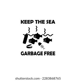 Conservar la tarjeta, la impresión o el cartel sin basura. El concepto de proteger los océanos del mundo de la contaminación de la basura. Pescado muerto y basura. Diseño de vector plano gráfico negro.