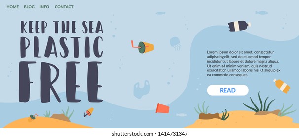 Keep the sea plastic free vector illustration. Plastic bottles and cups floating in sea water among fish and jellyfish. Global environmental problems. Pollution of the ocean coast.