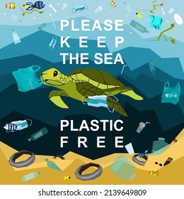 Keep the sea plastic free. World oceans day, World Environment Day, Earth day, World Maritime Day concept vector illustration. Stop plastic pollution. Keep the oceans clean. Save the marine life. 