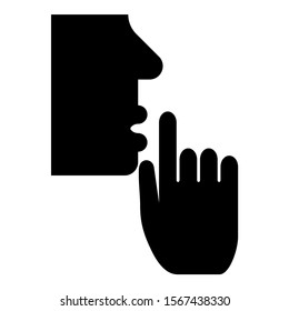 Keep silence concept Man shows index finger quietly Person closed his mouth Shut his lip Shh gesture Stop talk please theme Mute icon black color vector illustration flat style image icon black color