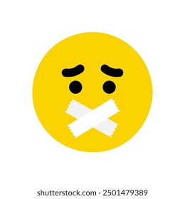 Keep silence emoji face. Emoji with tape on mouth. Censorship, speech freedom, idea concepts. Flat cartoon vector illustration Isolated on white background.