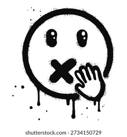 Keep silence face emoji character. Spray painted graffiti mute face in black over white. isolated on white background. vector illustration