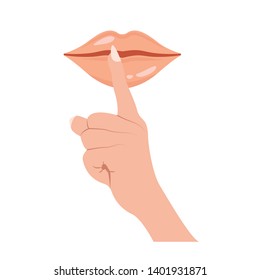 Keep silence icon. Be quiet lips and hand with finger silent sign. No noise symbol