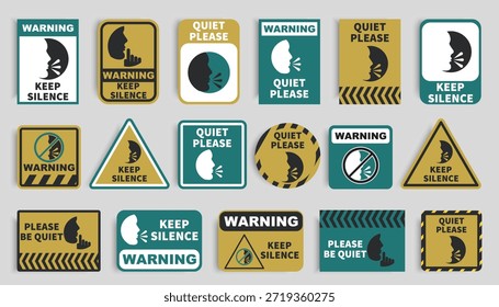Mantenha silêncio e quieto por favor avise o sinal definido. Sinais de restrição de ruído com símbolos faciais. Cartazes informativos sobre vetores para áreas públicas