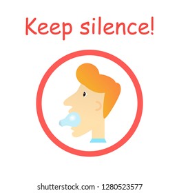 Keep Silence Sign - man with a light bulb in his mouth. Vector illustration