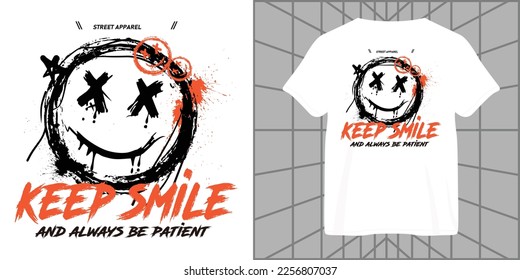 keep smile quote typography slogan print design with emoji spray paint illustration, for streetwear and urban style t-shirts design, hoodies, etc.