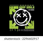 keep smile slogan print design, urban graffiti with smiley face illustration and splash effect for graphic tee t shirt, streetwear, etc - Vector