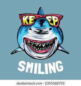 keep smiling slogan with cartoon shark in sunglasses and teeth braclet vector ilustration