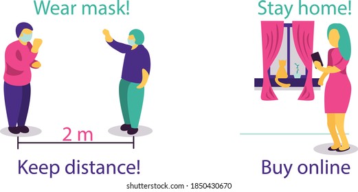 Keep social distamce - set of flat vector people illustrations. Due to COVID´´´-19 pandemy people should wear masks and stay home.