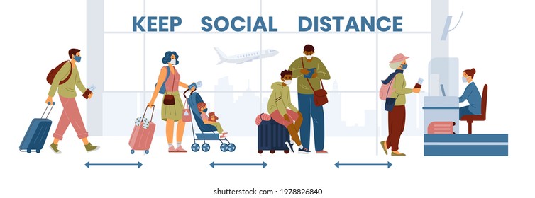 Keep Social Distance In Airport Banner With People Standing In Line For Check In Wearing Masks. Flat Vector Design.