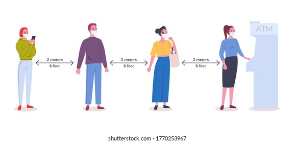 Keep social distance to the ATM. People wearing masks are waiting in line to withdraw money from an ATM. New normal lifestyle after coronavirus covid-19 spread concept. Flat vector illustration