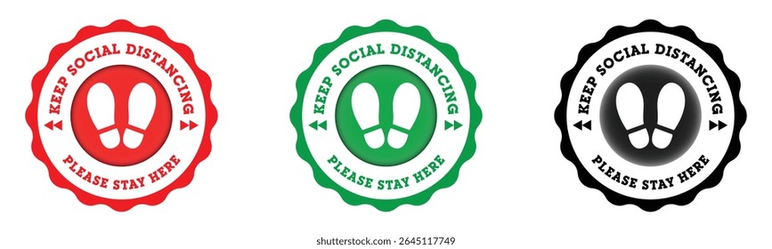 Manter Distância Social Badge Definido com o ícone de pegada em vermelho verde preto