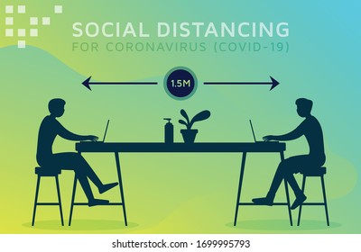 Keep the social distance between two people who are working using a laptop for security from Corona Virus (Covid-19)