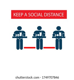 Keep A Social Distance In The Cafe, To Prevent The Disease. Sticker. Icon. Vector Flat Illustration.