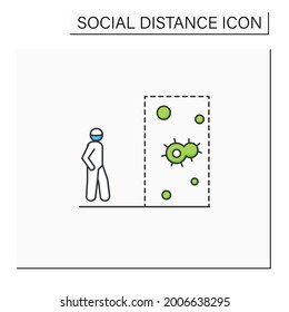 Keep social distance color icon. Person with space indication arrow entering covid infection area linear pictogram. Concept of pandemic health safety recommendations. Isolated vector illustration