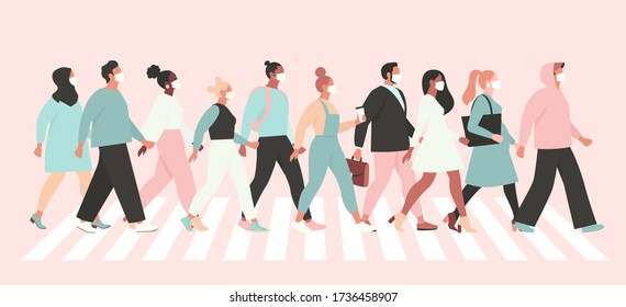 Keep social distance coronavirus (2019-nCoV), people in white medical face mask walking down the street. Concept of coronavirus quarantine vector illustration.