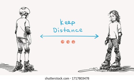 Keep social distance Covid-19 banner for children, Boy and girl are skating on skate rollers, Hand drawn vector illustration