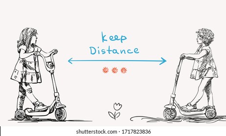 Keep social distance Covid-19 banner for children, Stop spread coronavirus. Two little girls on kick scooter, Hand drawn vector illustration