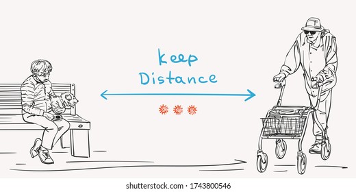 Keep social distance Covid-19 banner, Stop the spread of coronavirus. Two elderly people outside keeping distance, Hand drawn vector illustration