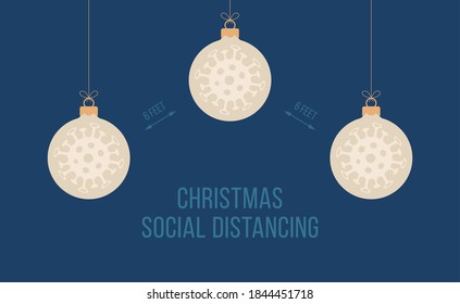 Keep Social Distance Merry Christmas Banner With flat cartoon tree ball. Vector Illustration.