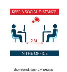 Keep a social distance in the office. Workers in the workplace work at a safe distance. Prevention of coronavirus infection. Sticker. Icon. Vector flat illustration