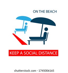 Keep a social distance on the beach. Icon. Sticker. Vector flat illustration