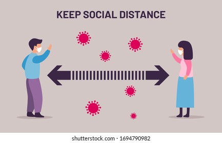 Afiche "Mantén la distancia social". Ilustración vectorial con hombre y mujer con máscara protectora a una distancia entre ellos. Covid-19 (Coronavirus) protección del concepto de propagación de brotes
