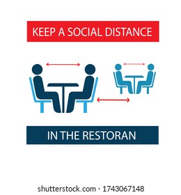 Mantener una distancia social en restaurantes y cafés. Las mesas de los visitantes están situadas a una distancia segura. Prevención de la infección por coronavirus. Pegatina. Icono. Ilustración plana del vector