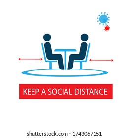 Keep A Social Distance In Restaurants And Cafes. Visitors ' Tables Are Located At A Safe Distance. Prevention Of Coronavirus Infection. Sticker. Icon. Vector Flat Illustration