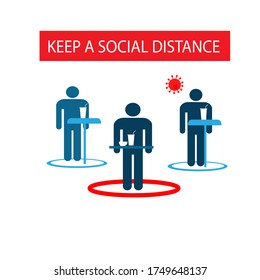 Keep A Social Distance In Restaurants And Cafes. Prevention Of Coronavirus Infection. Poster. Sticker. Icon. Vector Flat Illustration