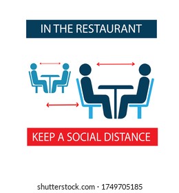 Keep A Social Distance In Restaurants And Cafes. Visitors ' Tables Are Located At A Safe Distance. Prevention Of Coronavirus Infection. Sticker. Icon. Vector Flat Illustration