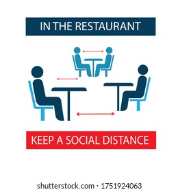 Keep A Social Distance In Restaurants And Cafes. People Sit At Tables At A Safe Distance. Sticker. Icon. Vector Illustration