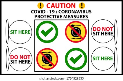 Keep a social distance in restaurants and cafes.  Sitting on a tables for a safe distance. Prevention of coronavirus infection. Sticker. Icon. Vector flat illustration