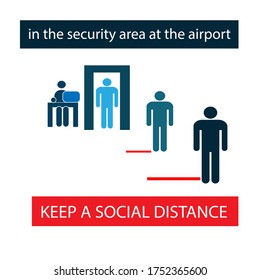 Mantener una distancia social en el área de seguridad del aeropuerto. Los pasajeros se mantienen a una distancia segura, a la espera de la inspección del servicio de seguridad de la aviación. Prevención de la infección viral. Pegatina.
