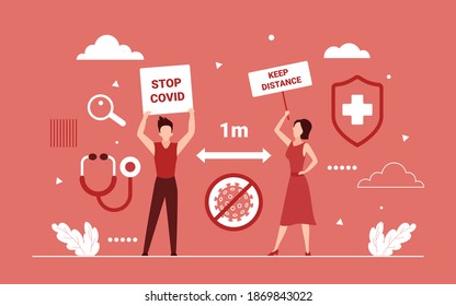 Keep social distance vector illustration. Cartoon man woman characters distancing, keeping 1 m physical distance between people, holding warning signs to stop covid19 corona virus concept background