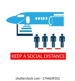 Mantén una distancia social cuando te paras en fila cuando subes a un avión. Los pasajeros siguen las normas de seguridad para prevenir la infección viral. Icono. Pegatina. Ilustración vectorial.