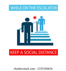 Mantén una distancia social mientras estás en la escalera mecánica. La gente está parada en las escaleras de las escaleras mecánicas. Cartel. Icono. Ilustración plana del vector