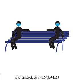 Keep a social distance while relaxing in parks and squares, and be safe. The concept of preventing a coronavirus Covid-19. Figures of a man in a medical mask on the bench.