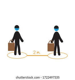 Keep a social distance while shopping. Concept of prevention of coronavirus. Stick man in a medical mask from the virus.