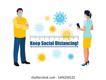 KEEP SOCIAL DISTANCING! Cartoon People In White Medical Face Mask.
Coronavirus Flat Banner And COVID-19 Poster For Hospitals, Medical Facilities,
Web Design And Digital Marketing. Vector Illustration