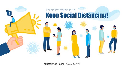 KEEP SOCIAL DISTANCING! Cartoon people in white medical face mask.
Coronavirus flat banner and COVID-19 Poster for hospitals, medical facilities,
Web Design and Digital Marketing. Vector illustration